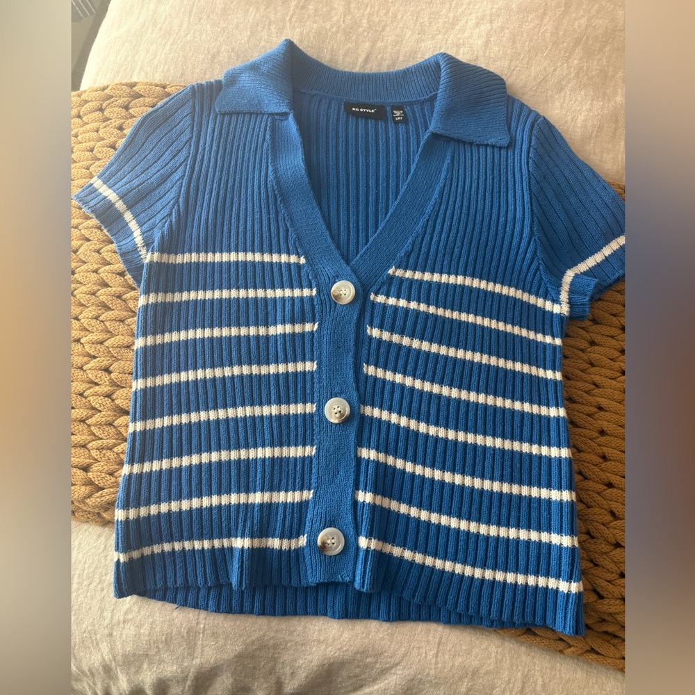 RD Style Blue Ribbed Sweater Top